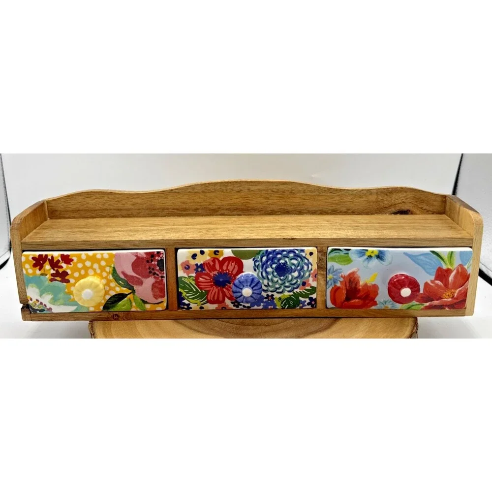 The Pioneer Woman Spice Rack Wood Shelf Ceramic 3-Drawers Bin Floral Melody